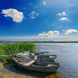 甘蔗水美丽的河流和古老的船 在云层下的绿草附近环境运输旅游阳光海岸线池塘天空反射爱好蓝色背景