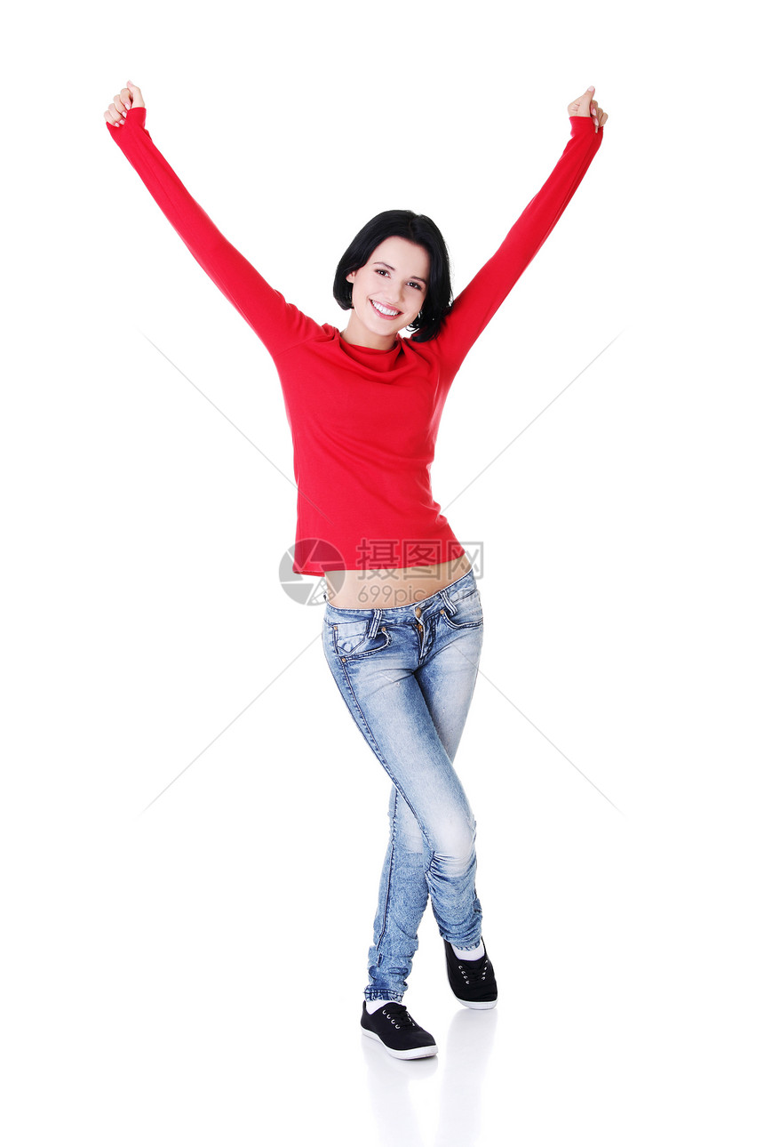 兴奋快乐的年轻女士 用双手举起手身体拳头成功工作职业女性活力工作室黑发庆典图片