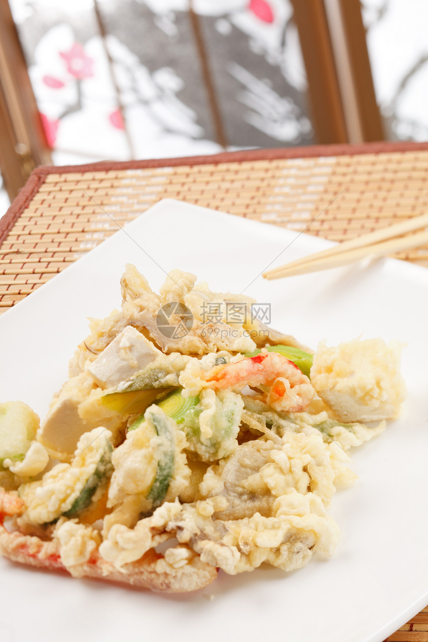 日本食品 日本特姆杜拉美食海苔鱼片油炸午餐海藻洋葱盘子餐厅豆腐图片