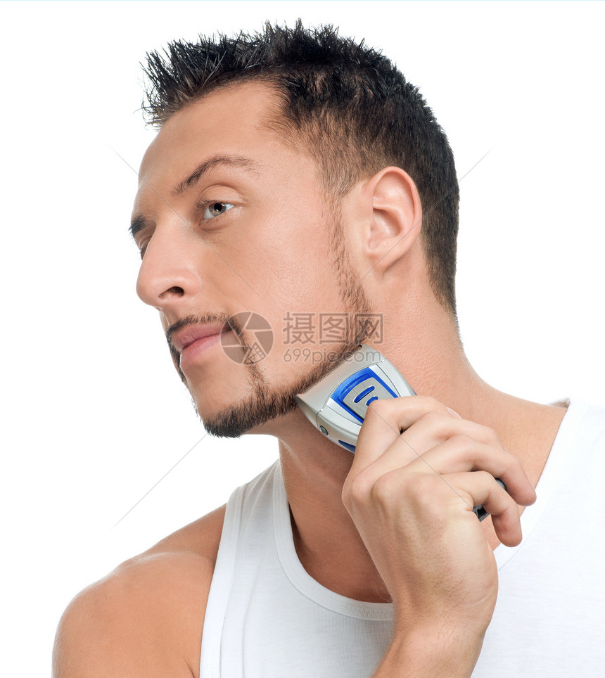 年轻英俊男子刮胡子胡须男人均衡浴室洗澡皮肤青年力量护理剃须图片