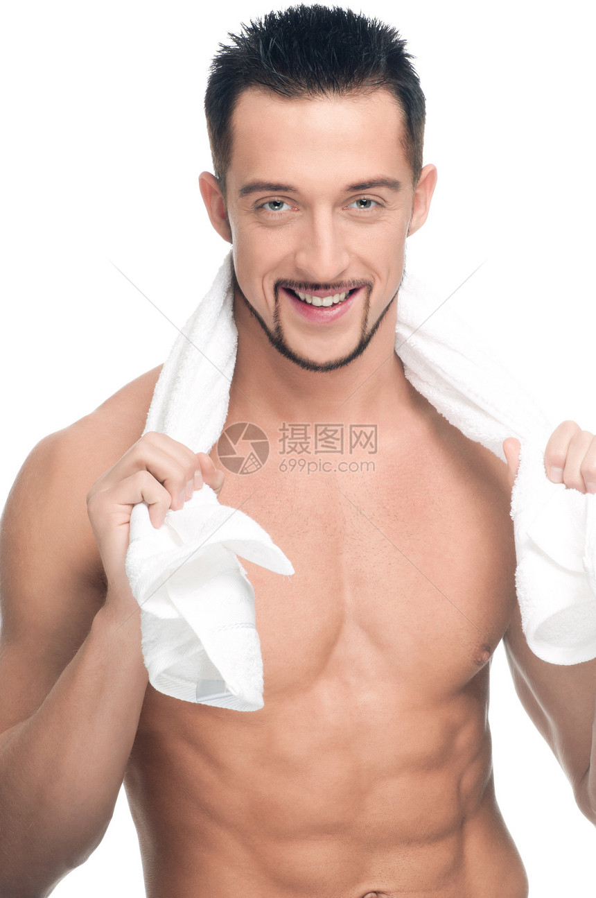 带着白毛巾的年轻人SPA 孤立无援成人卫生护理男性眼睛男生青年皮肤小伙子快乐图片