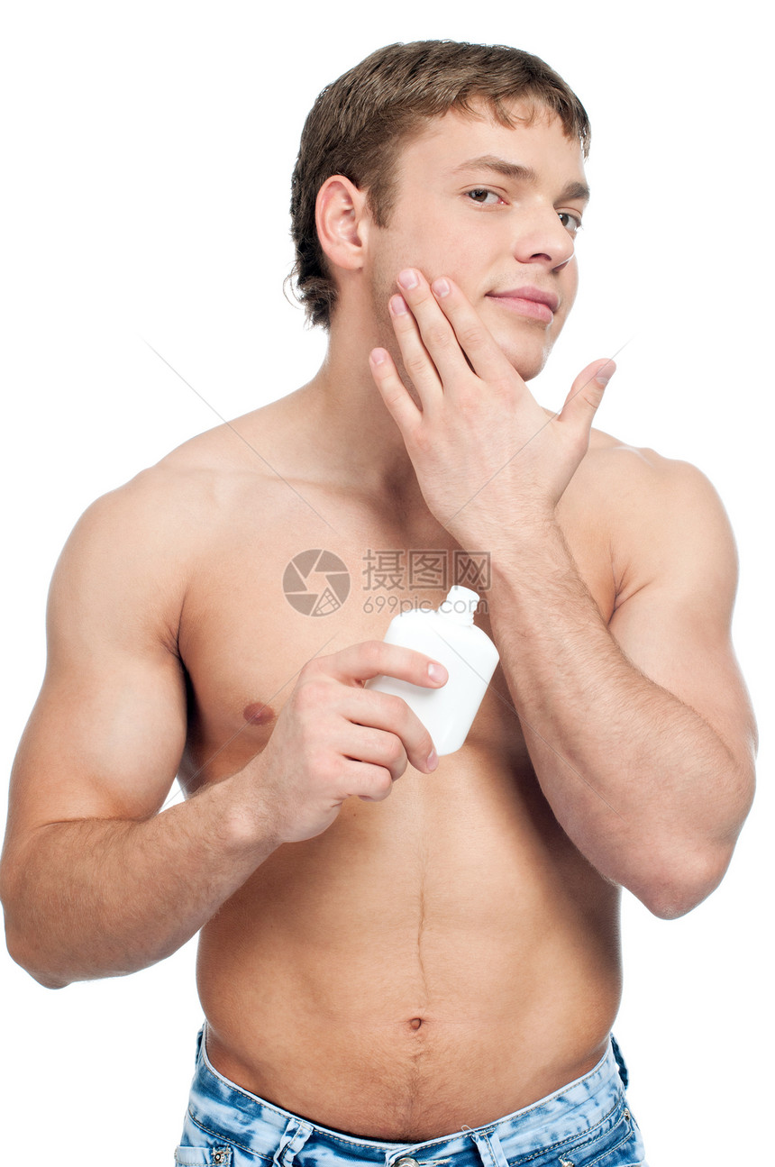 男人涂奶油乳液胡须牙齿青年头发粉碎胡子剃须力量浴室身体图片