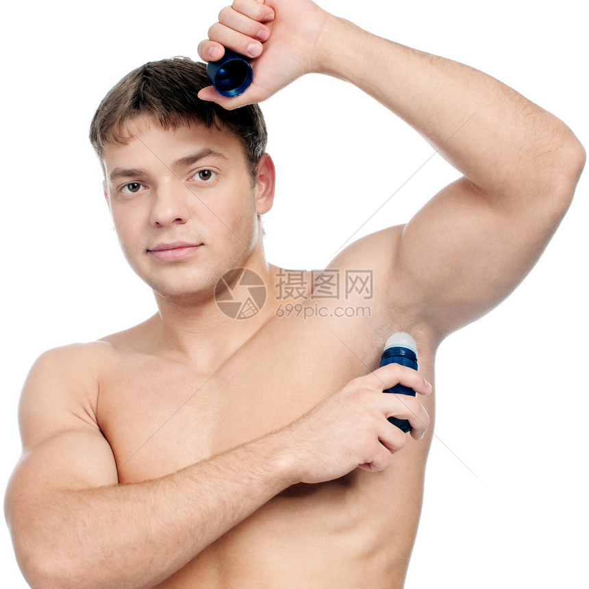 肌肉人正在使用抗吸入剂除臭剂卫生成人男人浴室快乐男性护理香水胡子图片
