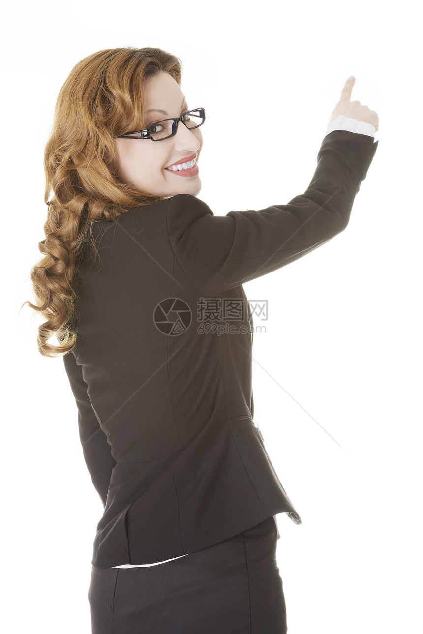 成功的商业女商务人士指出成人快乐人士喜悦广告商务女士手臂产品微笑图片