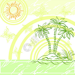 泰国金沙岛外表背景 有棕榈的岛屿海岸太阳海洋生态环境圆圈情调可可热带墙纸插画
