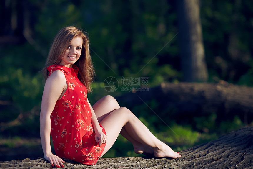 女孩坐在圆木上成年人女士硬木裙子公园草地青少年木头身体女性图片