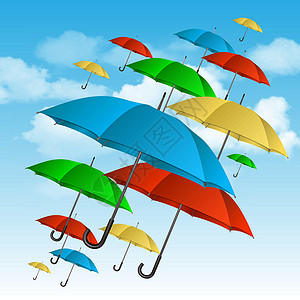 高飞的矢量多彩雨伞幸福乐趣雨量自由绘画庇护所气候雨滴天空下雨背景图片