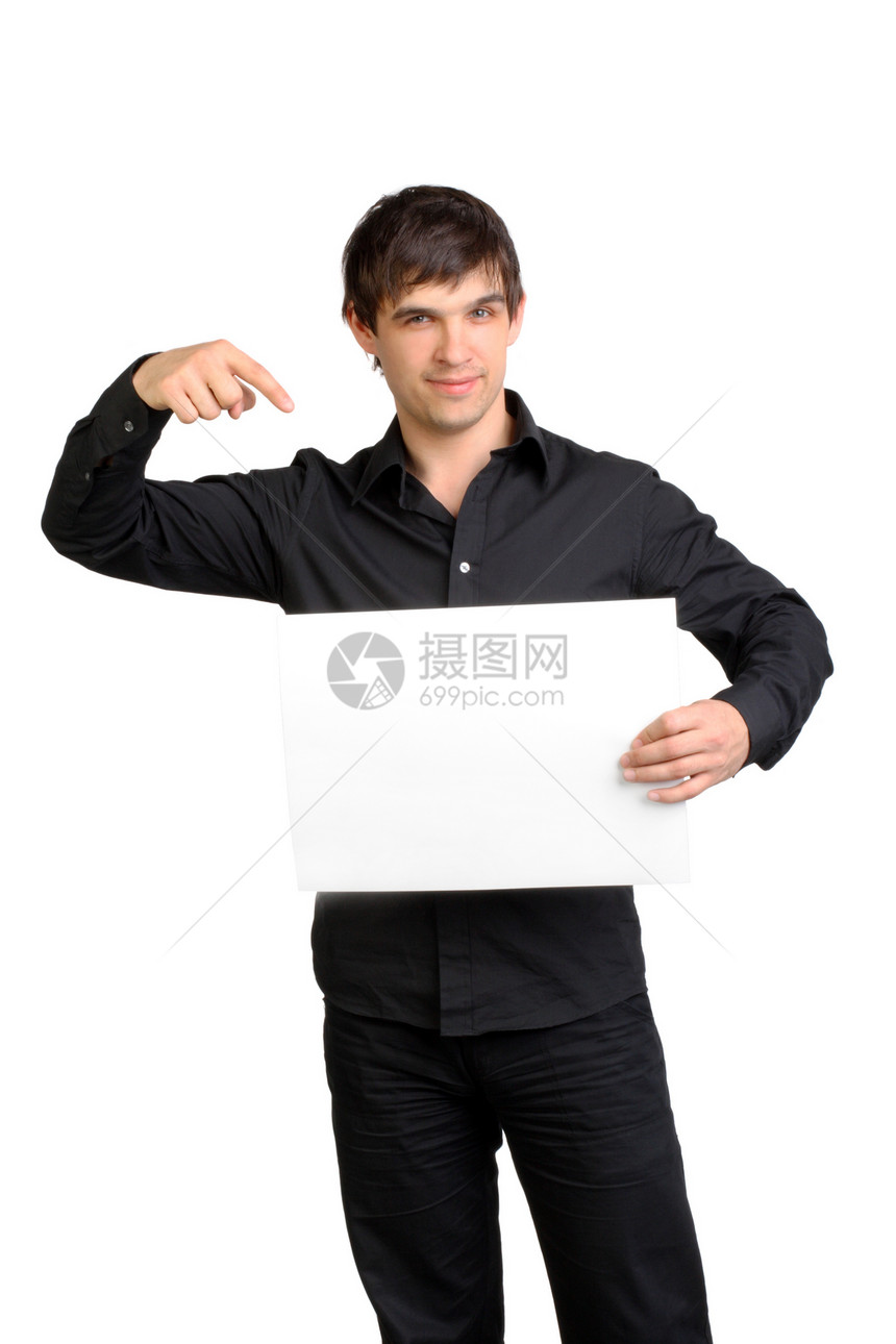 持有空白纸的男子快乐牙齿男人横幅英勇路标手指手势微笑男性图片