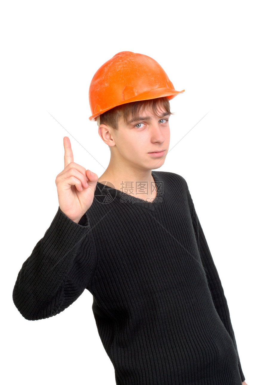 戴硬帽子的青少年手指快乐建设者橙子衬衫缓刑犯实习生衣服微笑头盔图片