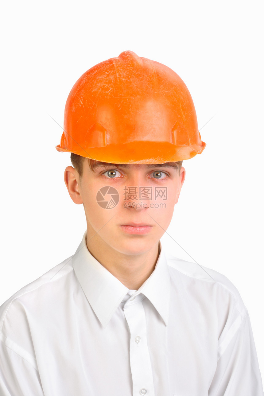 戴硬帽子的青少年实习生建设者衣服男性白色缓刑犯头盔衬衫男人图片