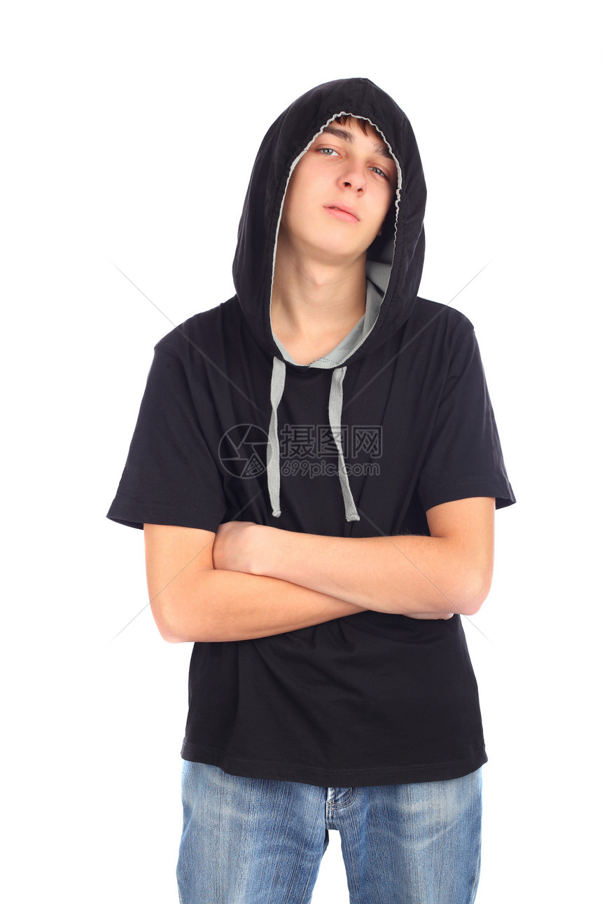 青少年在兜帽牛仔裤男性白色青春期身材青年倾斜工作室姿势图片