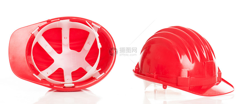 背景上的红建筑的上限 A安全员工反射生活帽子建筑师建造白色危险工具图片
