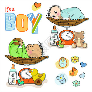 婴儿体重体重比重上的婴儿男孩 物品放在白色背景上插画
