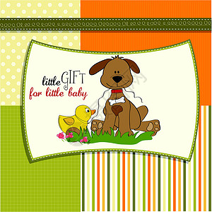 缸鸭狗带狗和鸭玩具的婴儿淋浴卡礼物横幅框架男生女孩派对正方形花朵鸭子周年插画