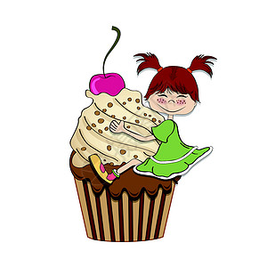 生日卡 有有趣的女孩 在纸杯蛋糕上切奶油风格食物美食甜点孩子们派对涂鸦幸福装饰背景图片