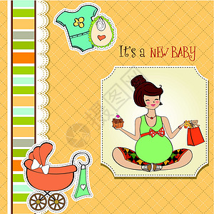 孕妇婴儿车孕妇的婴儿宣布卡片怀孕卡通片玩具头发衣服母性家庭妈妈女性男生插画