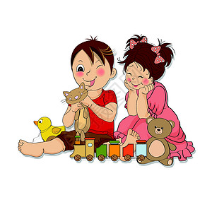 女孩和男孩玩玩具朋友小伙子卡通片童年婴儿期喜悦游戏孙子苗圃鸭子背景图片
