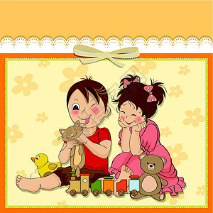 女孩和男孩玩玩具朋友微笑童年插图玩具熊鸭子孙子苗圃游戏乐趣背景图片