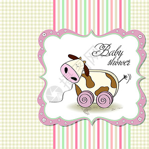 出生公告带有可爱牛玩具的婴儿淋浴卡问候语欢迎轮子动物奶牛童年喜悦插图派对男生插画