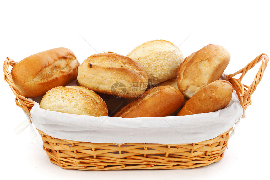 以白线隔绝的圆面包篮子中面团糕点农业大麦亚麻柳条种子传统谷物粮食图片