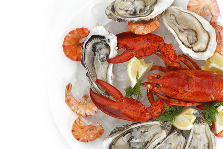 新鲜海鲜牡蛎龙虾餐厅市场生活宏观柠檬奢华食物盘子高清图片