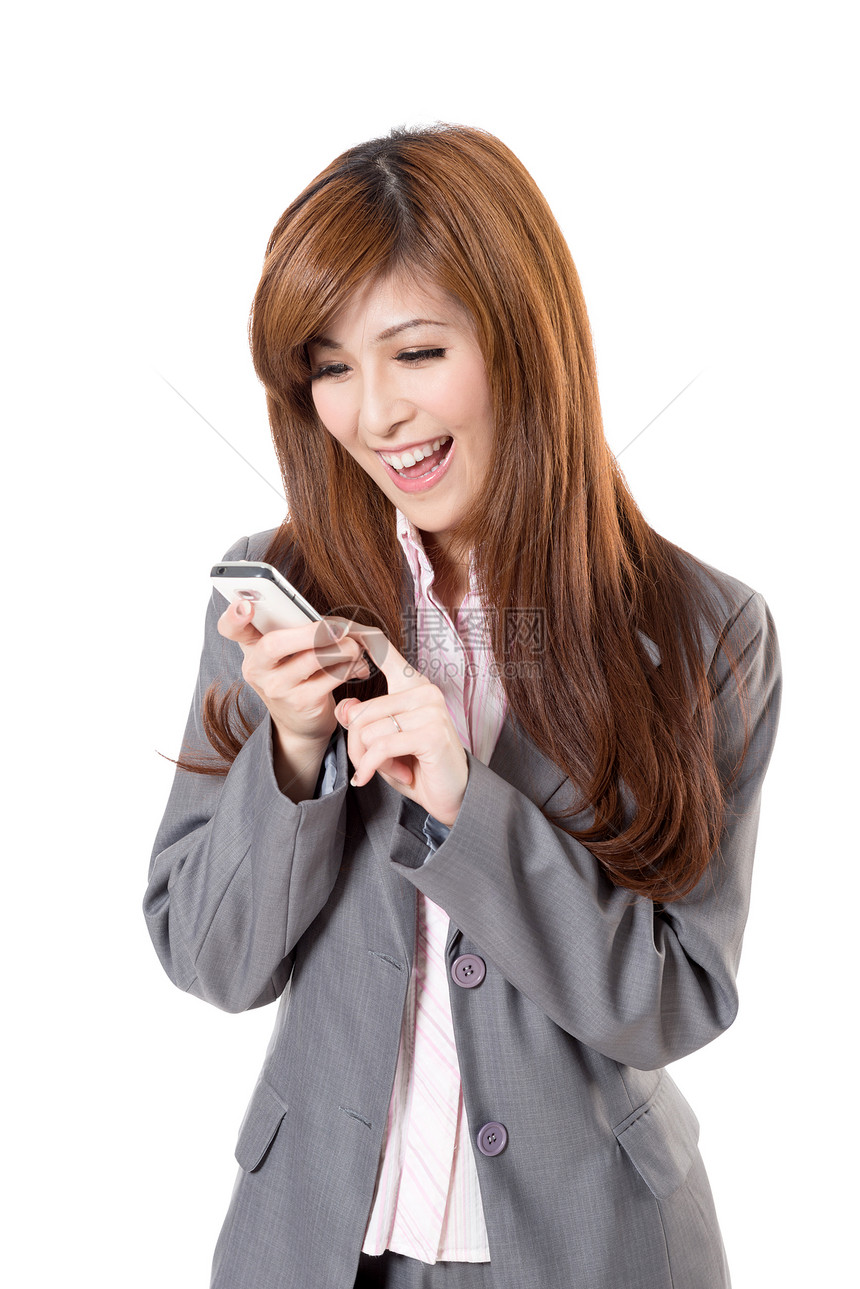亚洲商业妇女快乐技术喜悦女士讲话魅力工作手机享受电话图片