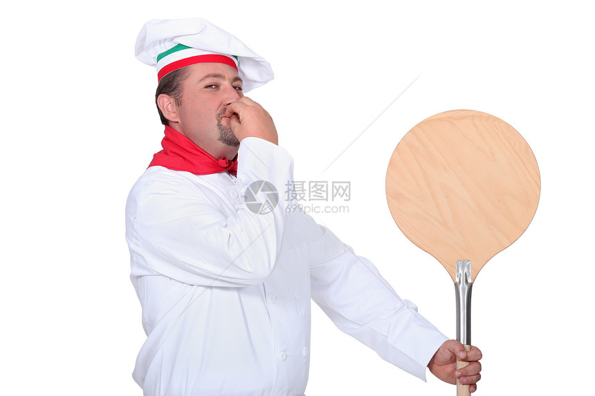 带木皮的比萨厨师木头帽子白色嘴唇乐队男人男性服务器木板工作室图片