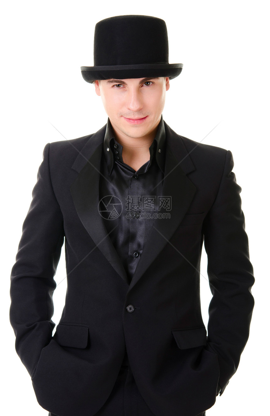 穿黑色紧身西装戴帽子的男人商业正方形夹克艺术家微笑衬衫男性服务外套服装图片