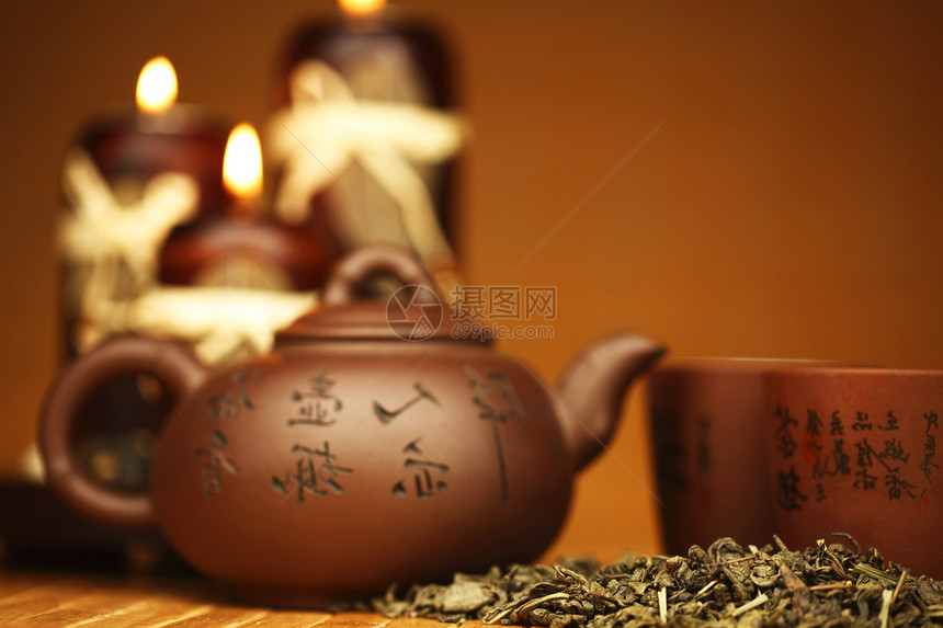 中国茶文化茶壶咖啡店仪式叶子植物宏观食物金子陶器图片