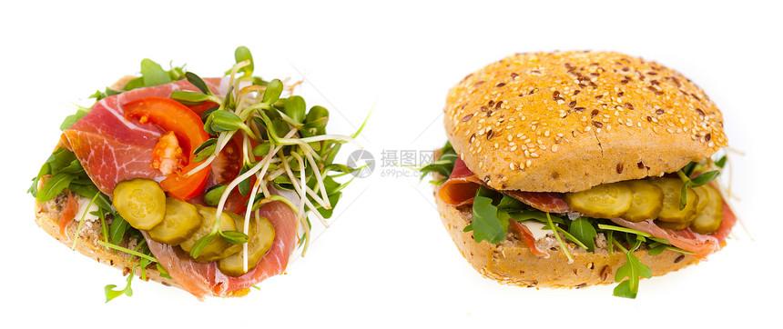 美味又健康的三明治食物豆芽早餐火腿面包午餐黄瓜小吃蔬菜图片