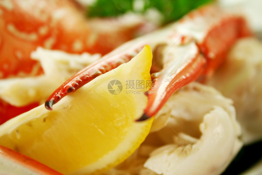 螃蟹和柠檬健康饮食用餐动物草药美食香菜味道裂蟹烹饪午餐图片