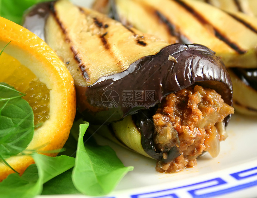 Aubergine 牛肉卷美食蔬菜烹饪草药美味味道低脂肪饮食沙拉总结图片