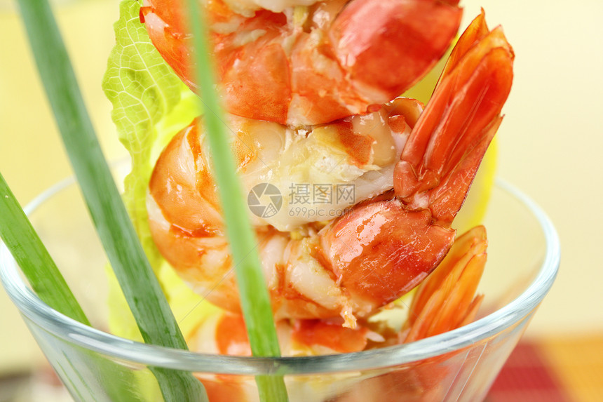 虾鸡尾海鲜营养烤串甲壳美食青葱对虾味道沙拉食物图片