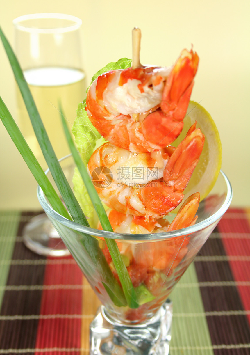 虾鸡尾柠檬沙拉食物营养草药烤串动物味道青葱贝类图片
