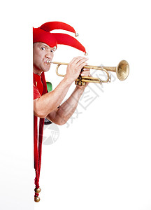 吹喇叭的小丑戏服傻子红色娱乐男人喜剧惊喜帽子音乐乐趣背景图片