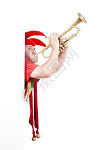 吹喇叭的小丑男人音乐乐趣乐器帽子傻子红色喜剧演员惊喜喜剧背景图片