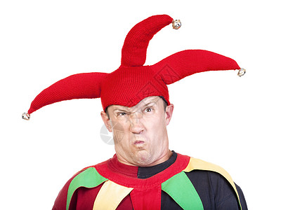 小丑戏服男人娱乐恶作剧乐趣帽子红色衣服傻子喜剧演员背景图片