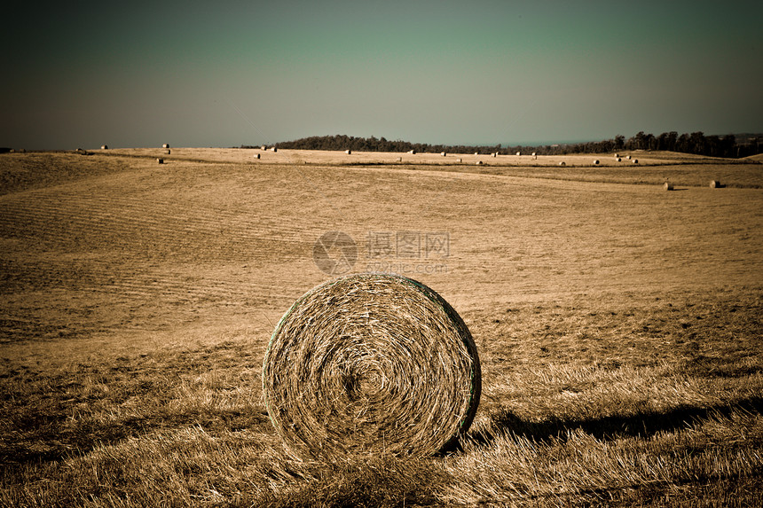带干草堆的田地宽角拍摄图片