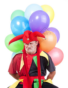带气球的小丑戏服乐趣傻子娱乐男人恶作剧衣服喜剧帽子喜剧演员背景图片