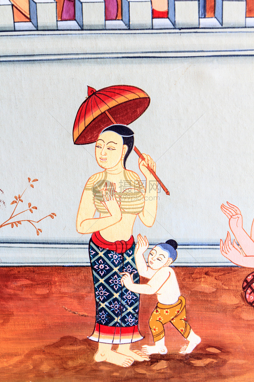 寺庙墙上的古泰国艺术风格图片