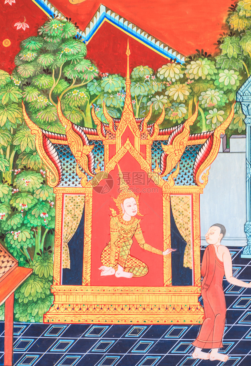 寺庙墙上的泰国艺术图案文化宗教绘画场景绿色金子恶魔图片