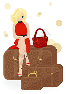 女旅行者旅游游客女士裙子手提箱行李发型头发衣服旅行背景图片