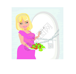 带锁链的冷冻器卡通片厨房钥匙沙拉挂锁插图字符串冰箱腹部女孩背景图片