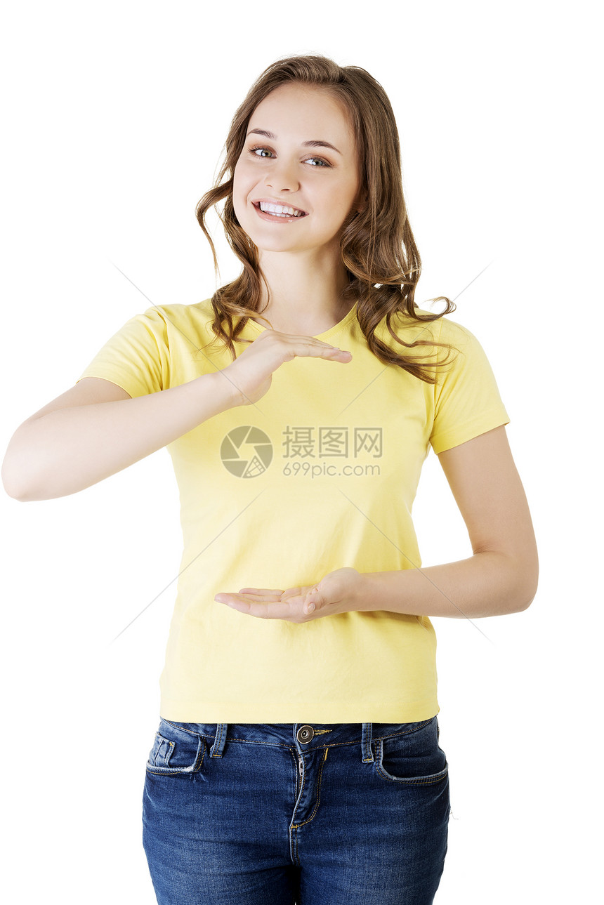 女性在手掌上复制空间成人手臂女士手势手指金发产品快乐喜悦黄色图片