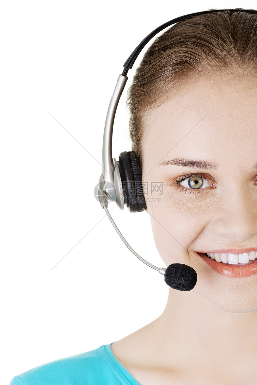 美丽的年轻呼叫中心青年助理笑着微笑耳机热线服务台人士代理人工作商业帮助职员求助图片