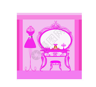 老式红镜子优雅风格的更衣室人体模型插图粉色梳妆台家具女士裙子女性闺房插画