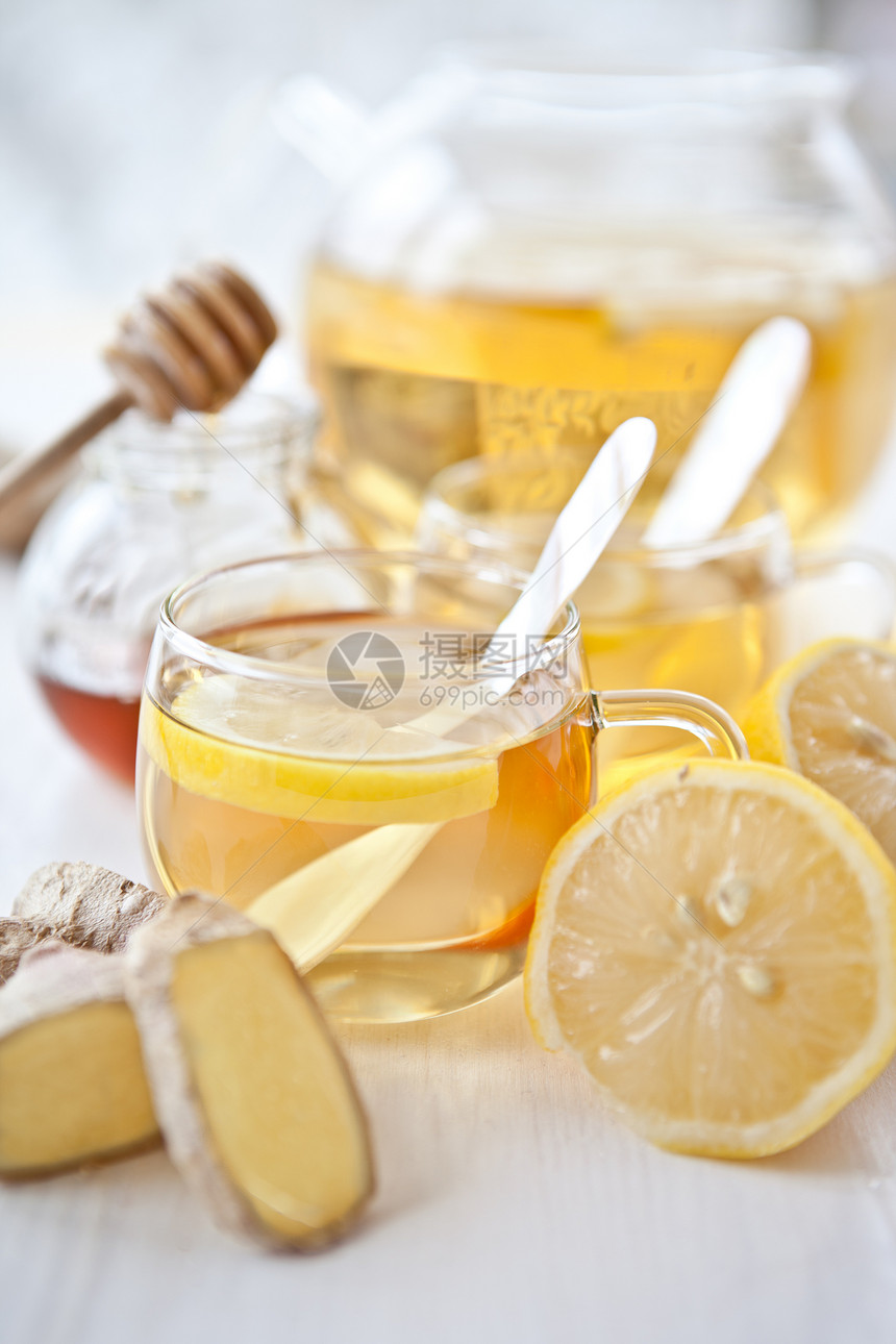 姜柠檬茶和蜂蜜杯子康复维生素治愈土布药物玻璃茶壶流感柠檬图片
