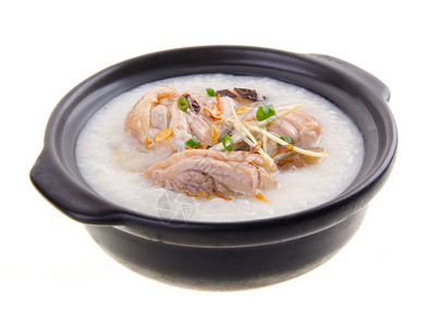 鸡粥泥锅里用过传统的中国粥粥水稻汁午餐餐厅食物稀饭文化蔬菜早餐水平猪肉背景