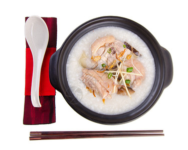 鸡粥泥锅里用过传统的中国粥粥水稻汁餐厅午餐水平蔬菜文化稀饭猪肉食物早餐背景