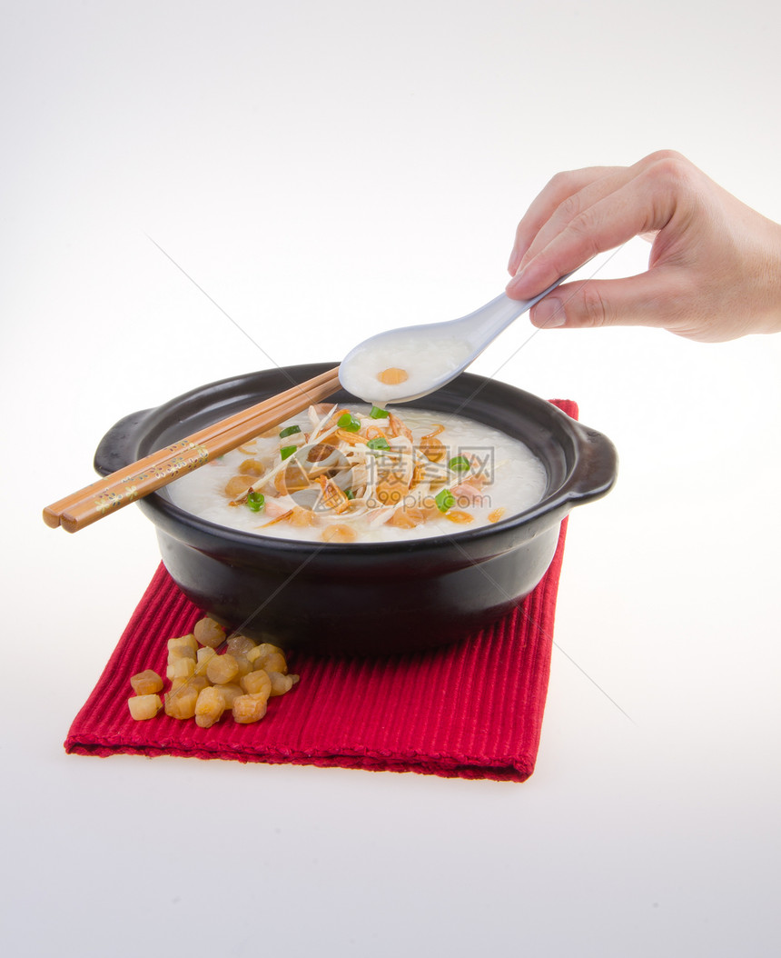 传统中国扇菜粥炒饭稻谷浆在土豆泥中使用餐厅蔬菜稀饭水平文化午餐早餐扇贝食物猪肉图片
